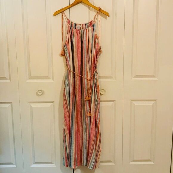 Time and Tru Women's Coral Stripe Tie Shoulder Linen Blend Maxi Dress XL New - Picture 4 of 13